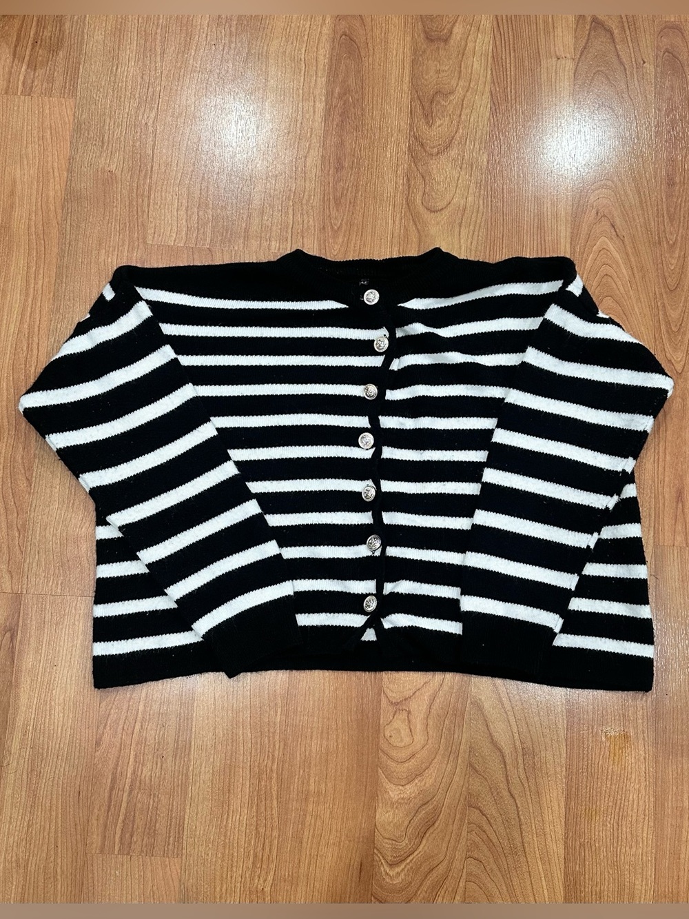 Black and white striped button-up cardigan size medium